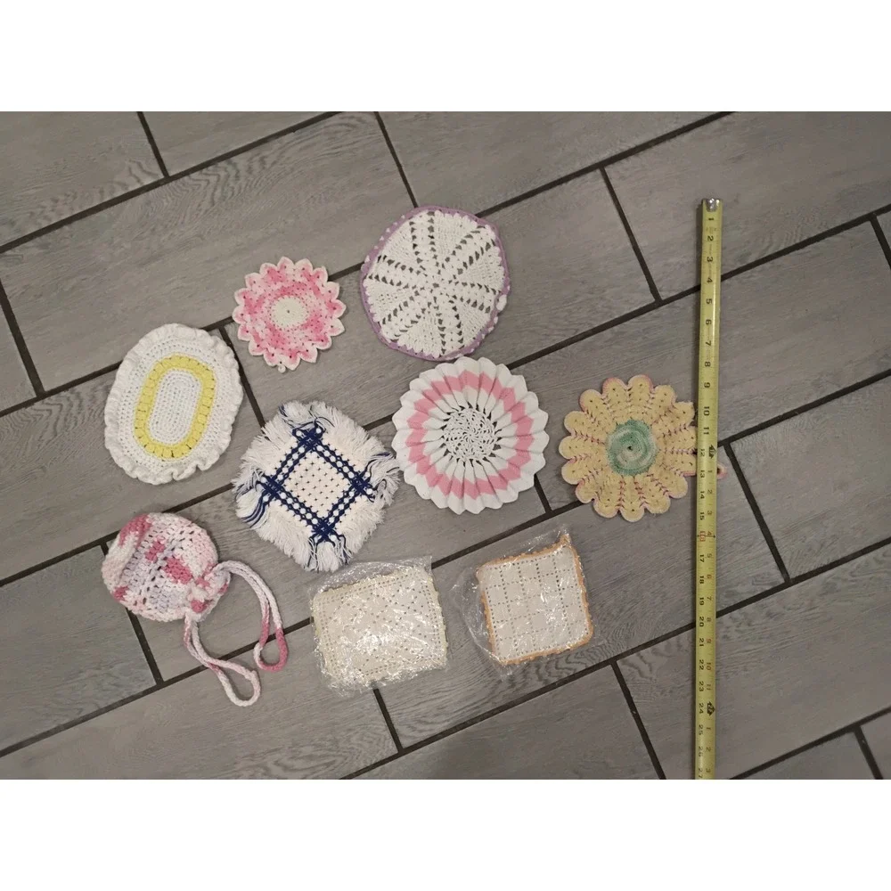 Vintage Handmade Crochet Potholder Doily Set 9pc Mixed Pastels Cottagecore Retro